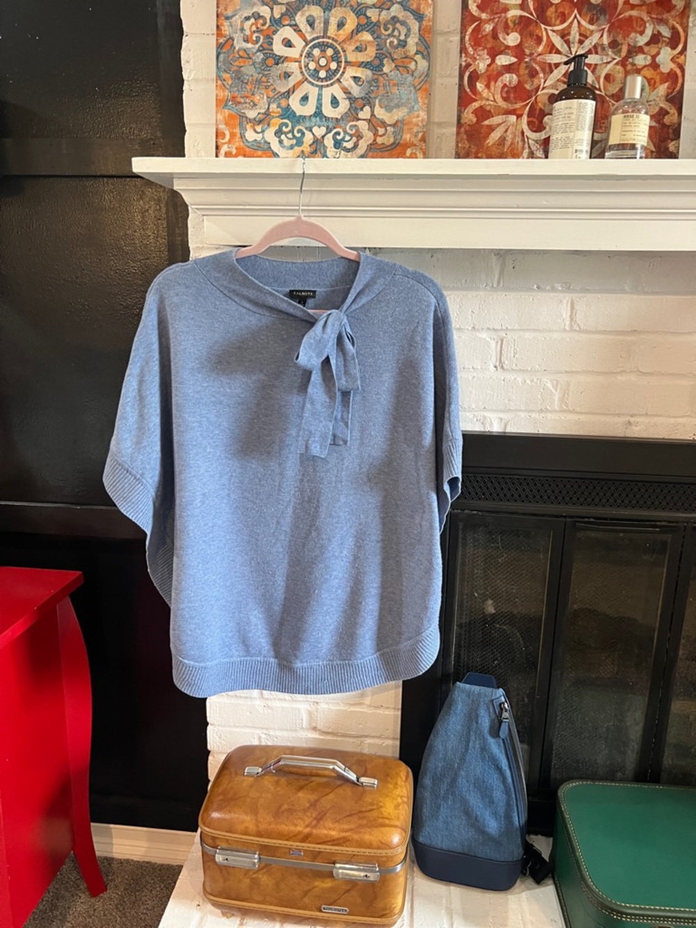 Talbots Heathered Light Blue Tie-Neck Short Sleeve Top